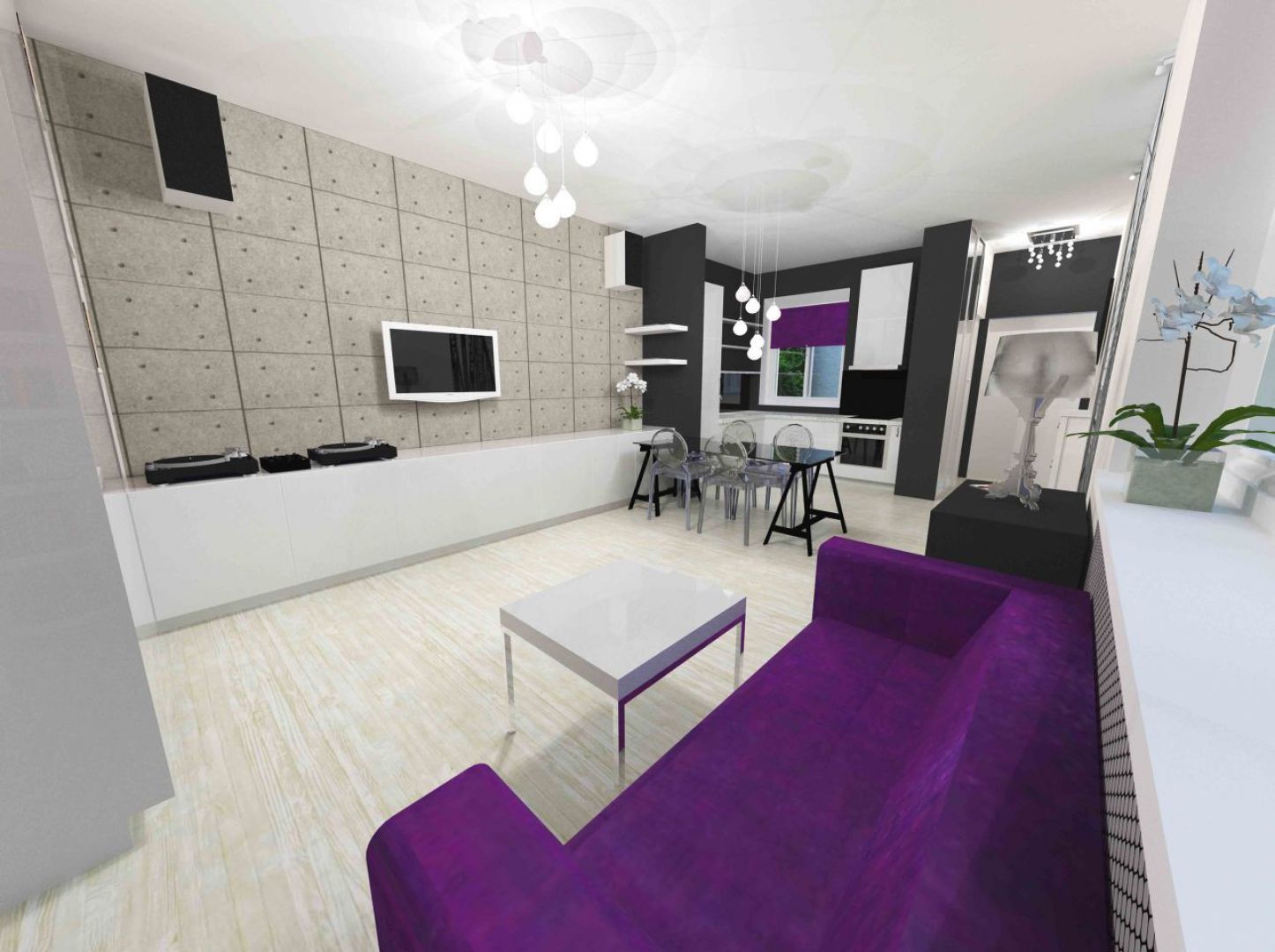GLAM-LOFT – małe mieszkanie w starej kamienicy zaprojektowane zostało w mieszanym stylu glamour i industrialnym, który nazwałyśmy glam-loft. Kolory biel, szarość, czerń i ecru są tłem dla głębokiego odcienia koloru fioletowego. W mieszkaniu otwarto przestrzeń i połączono kuchnię z salonem i częścią korytarza. Łazienka w stylu glamour, w kolorystyce lila.