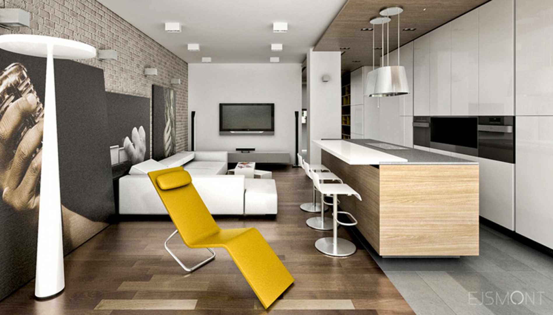 Nowoczesny apartament dla singla - salon z aneksem kuchennym. Projekt wykonała pracownia architektoniczna Ejsmont. Fot. Archiconnect.jpg
