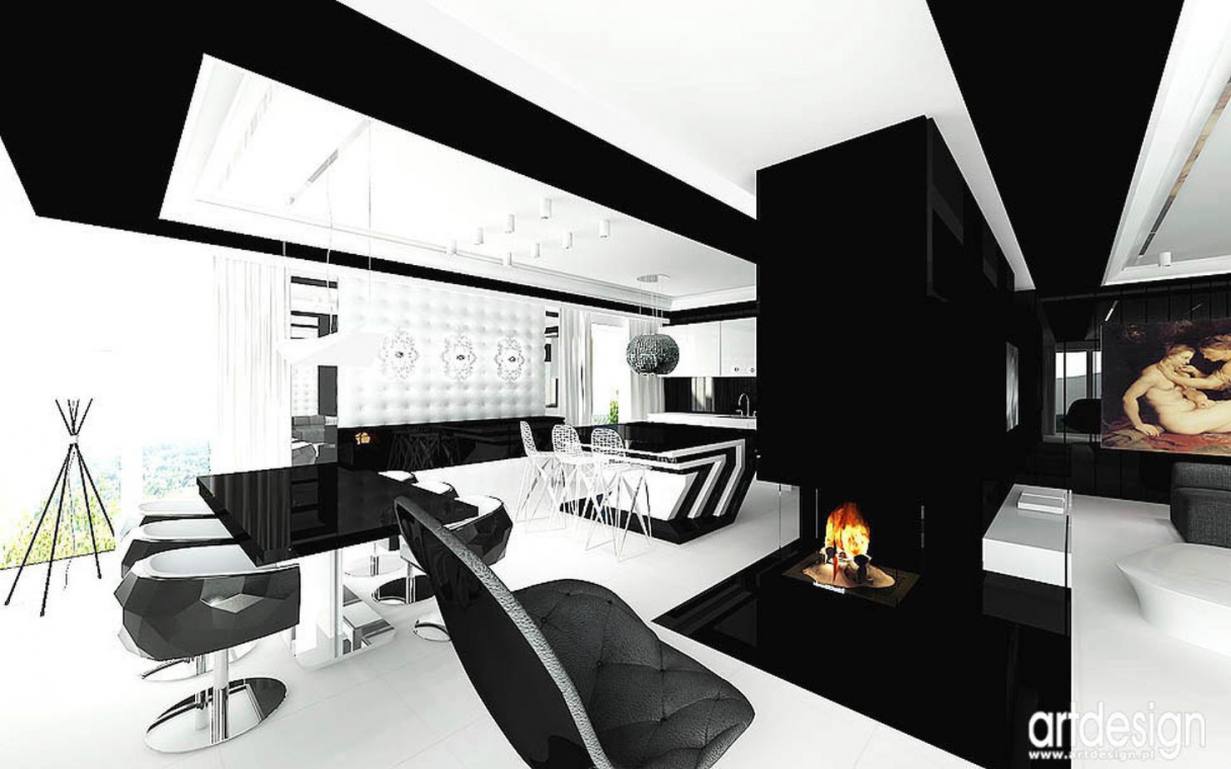 Nowoczesny salon w klasycznej kolorystce czerni i bieli. Projekt wykonało biuro projektowe Artdsign. Fot. Archiconnect.jpg