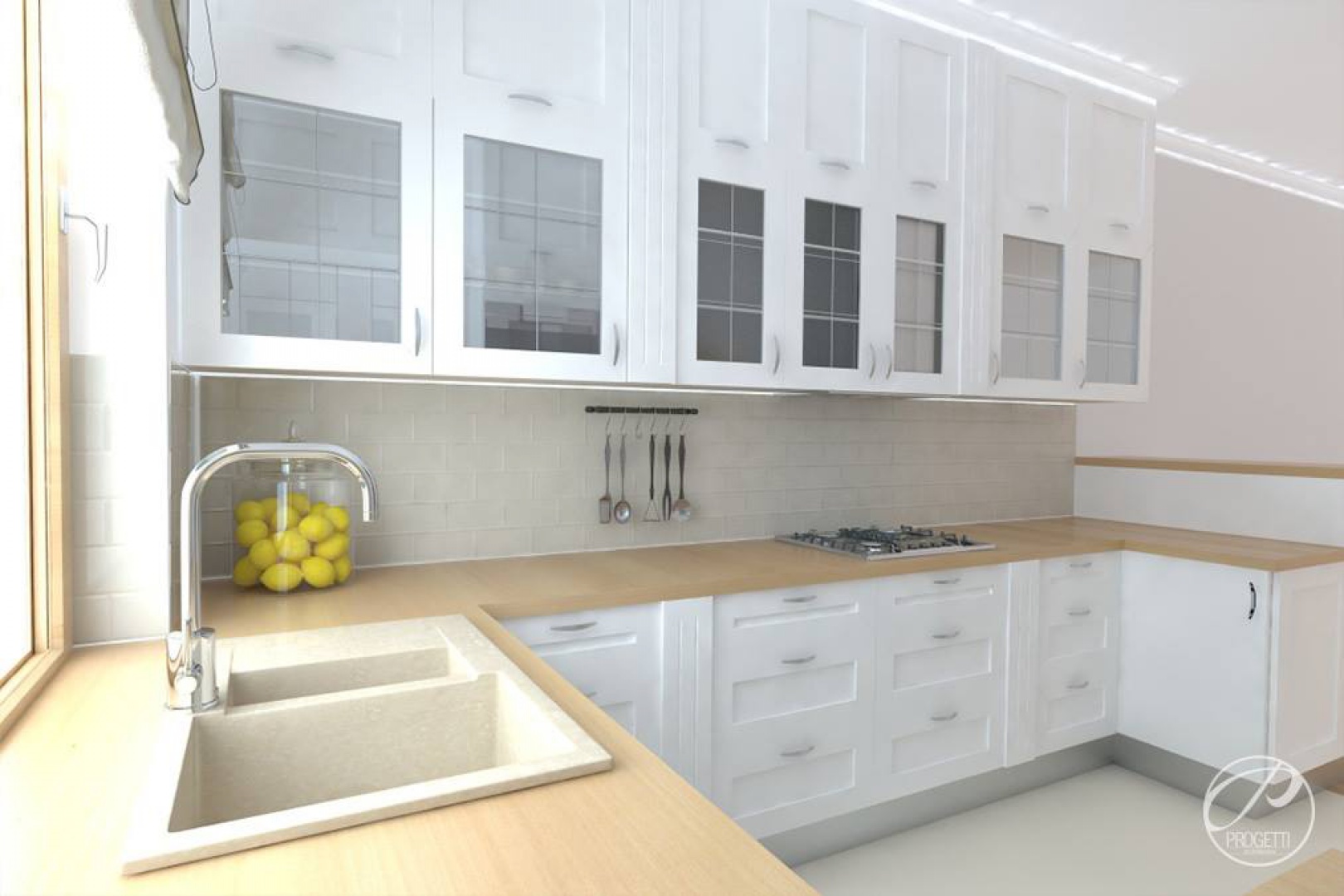 Biała i klasyczna kuchnia z drewnianym blatem. Projekt Progetti Arhitektura. For. Archiconnect.jpg