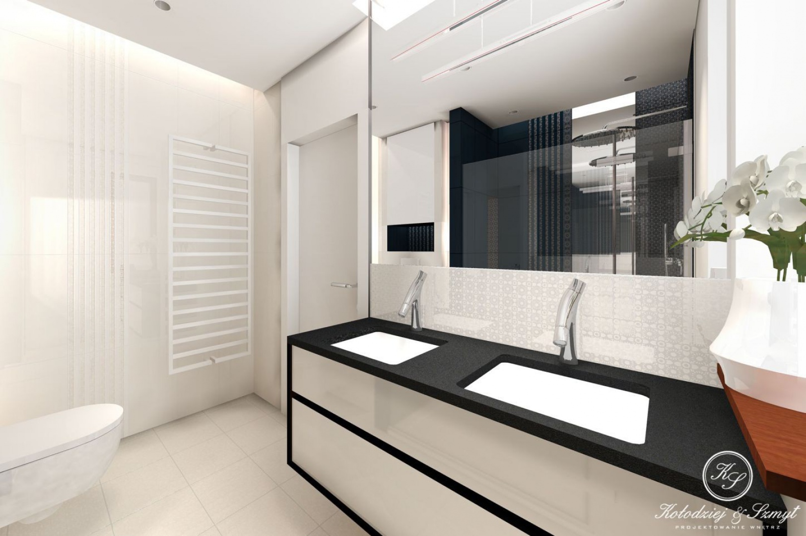 Projekt łazienki w domu jednorodzinnym w Wilanowie. Łazienka jest w nowoczesnym stylu.Łazienka przy sypialni to elegancka biel z czernią. Projekt Kołodziej & Szmyt. Fot. Archiconnect.pl