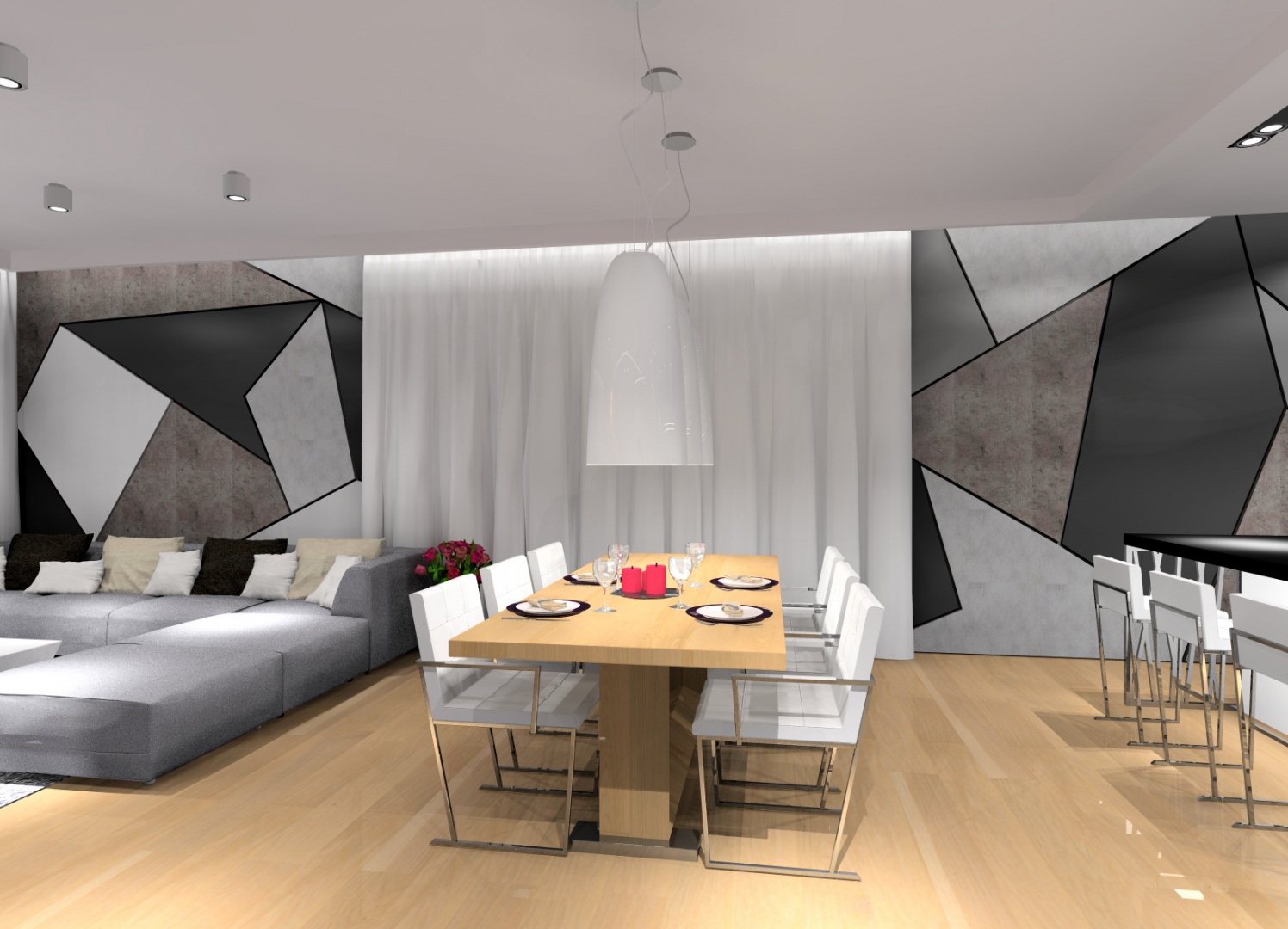 Salon z dekoracyjną ścianą z betonu. Projekt MKdezere.jpg