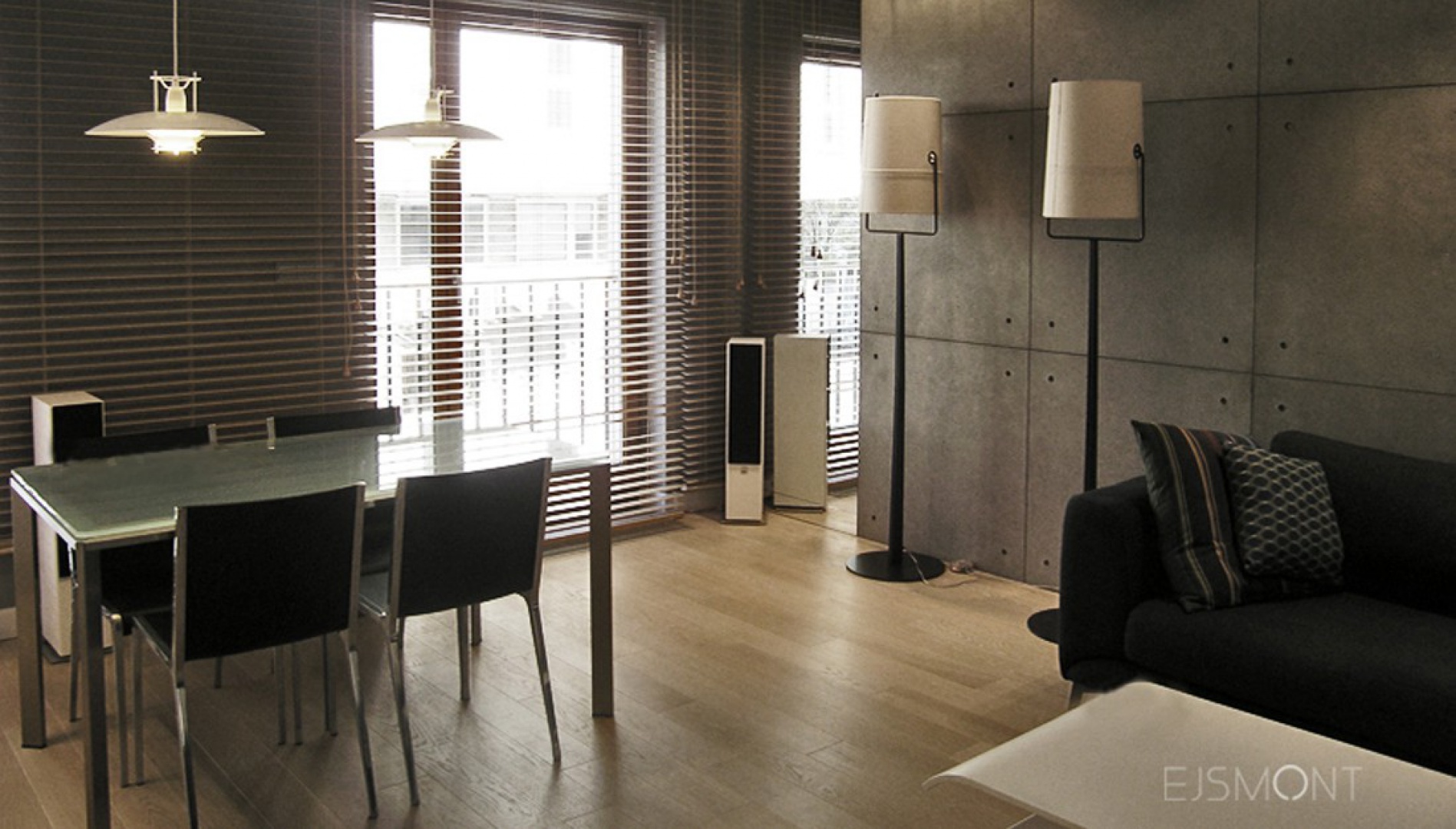 Nowoczesny salon z betonem na ścianie. Projekt Ejsmont Pracownia Architektoniczna.jpg