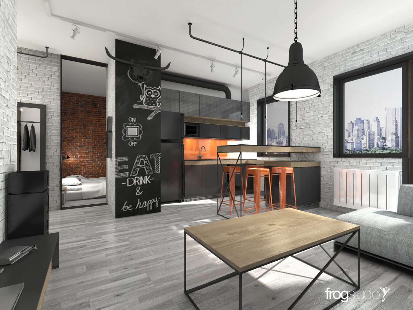 Koncepcja mieszkania dla młodego małżeństwa stylistyką nawiązująca do loftów. Cegły, metal surowe drewno w połączeniu z mocnymi kolorami stwarza ciekawe wnętrze. Projekt Frog Studio.jpg