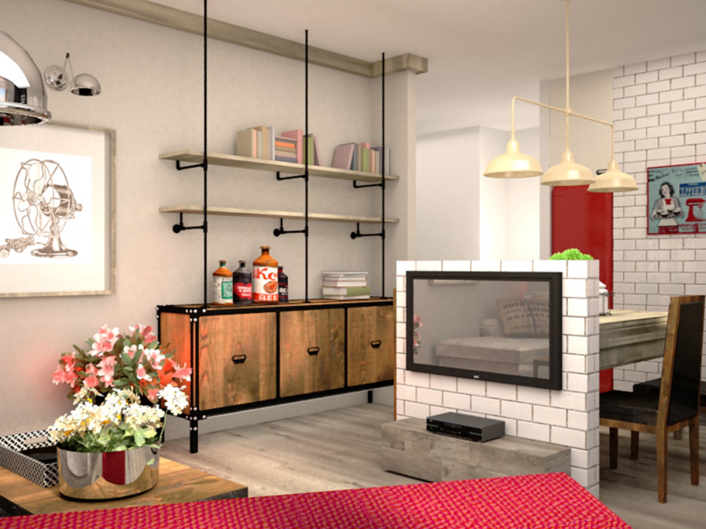 Industrialny Wilanów - salon z kuchnią. Projekt Sceneria.jpg