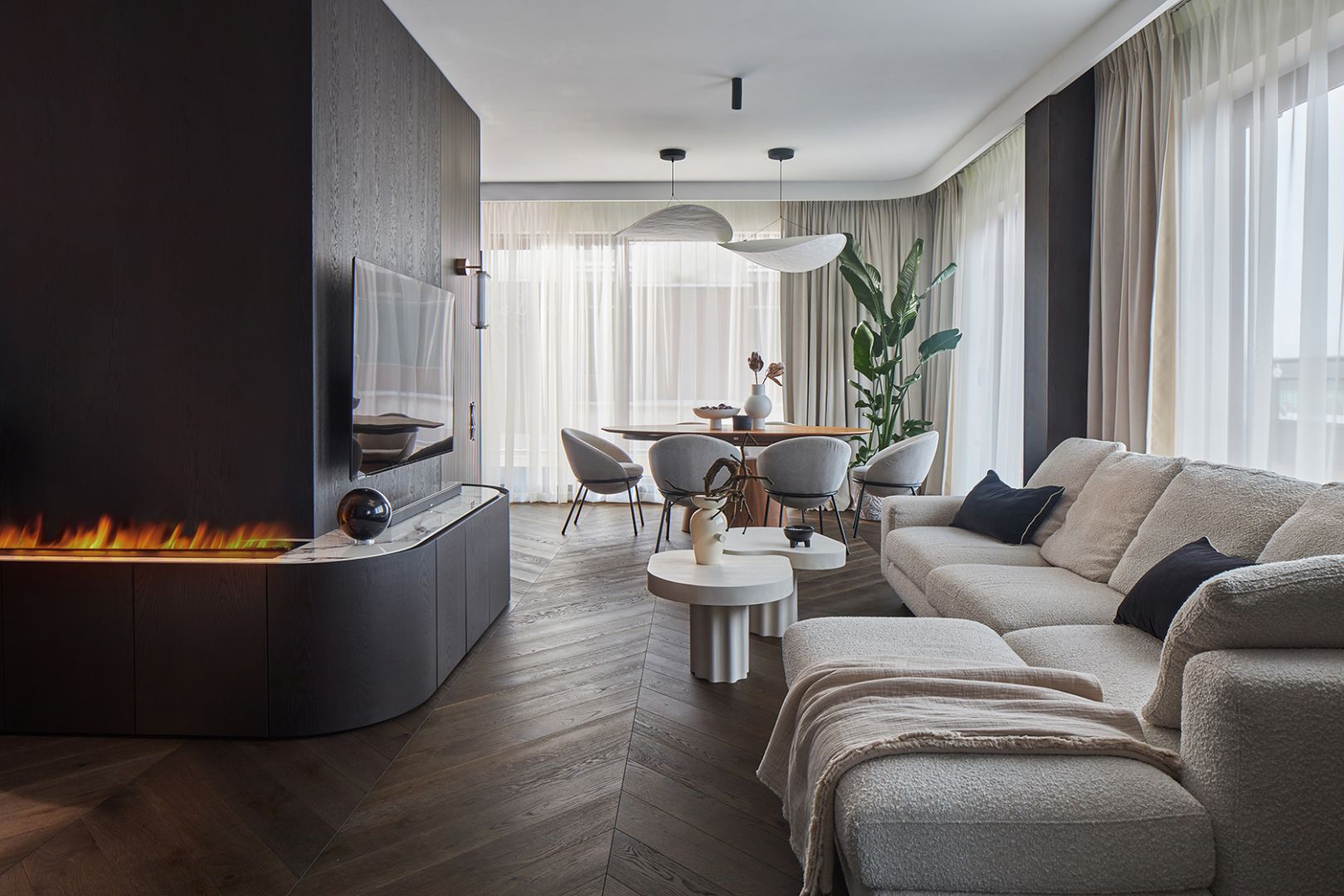 Eleganckie wnętrze. Piękny salon i piękna kuchnia. Nowoczesne mieszkanie!